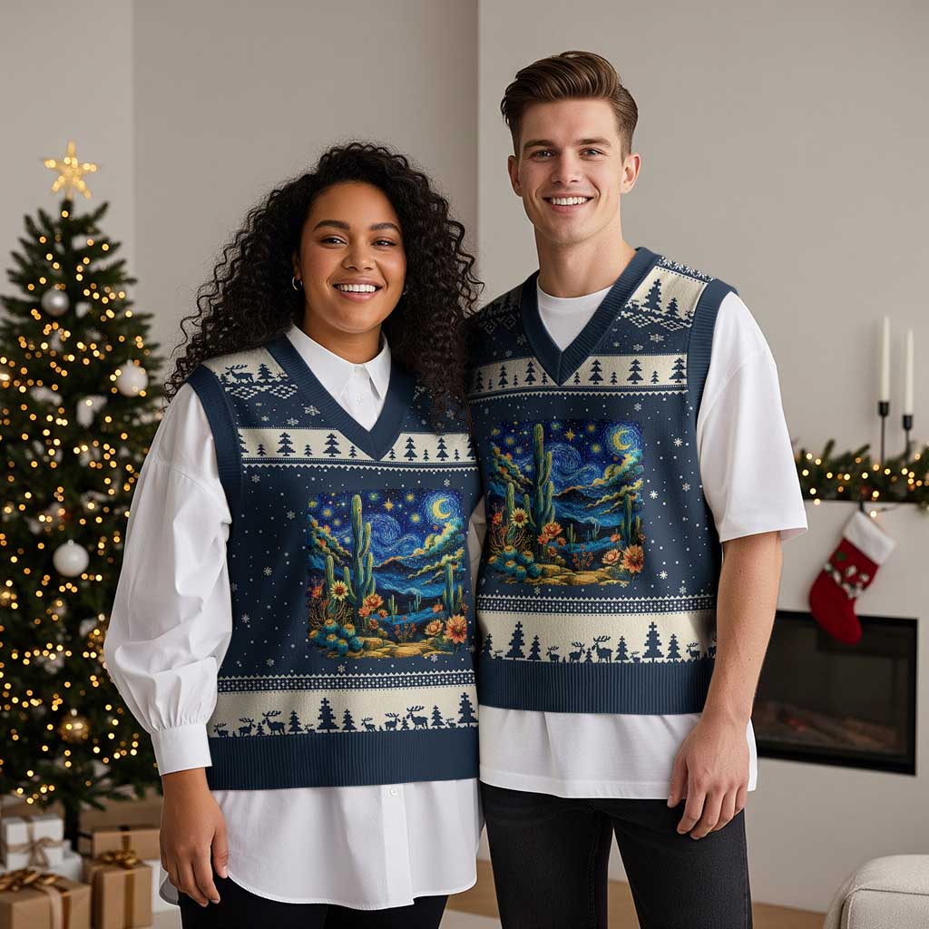 Desert Night Cactus Starry Night Arizona Stars Sky Nature Lover Gift V-Neck Knit Sweater Vest