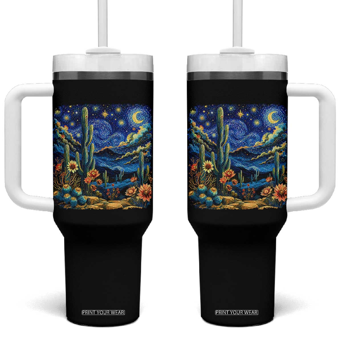 Desert Night Cactus Starry Night Arizona Stars Sky Nature Lover Gift Tumbler With Handle TS14 One Size: 40 oz Black Print Your Wear