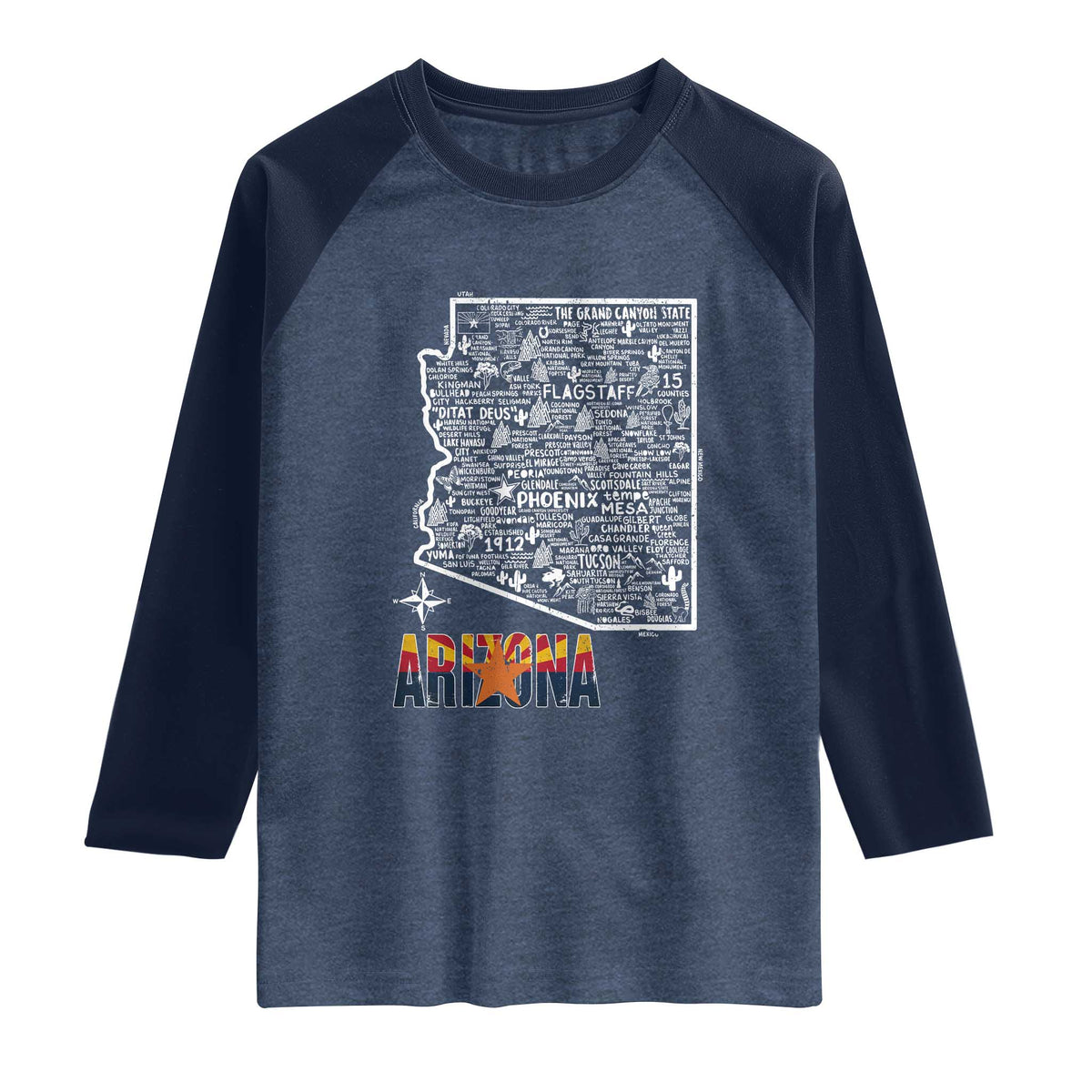 Arizona Map Phoenix Sedona Tucson Southwest Travel Raglan Shirt