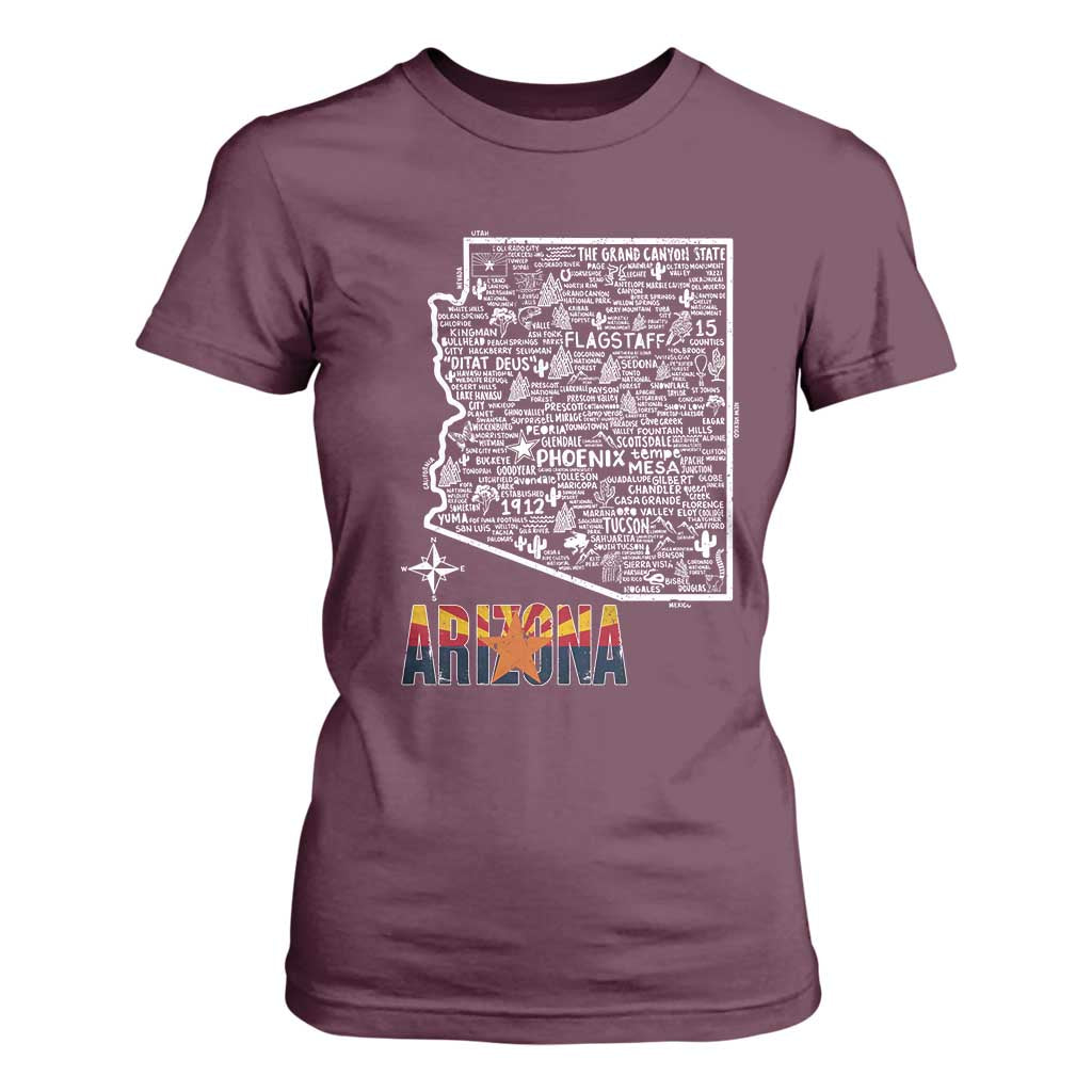 Arizona Map Phoenix Sedona Tucson Southwest Travel T Shirt For Women