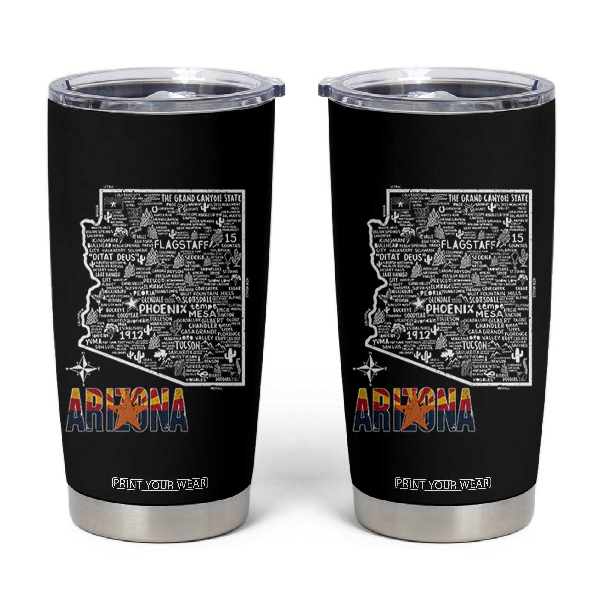 Arizona Map Phoenix Sedona Tucson Southwest Travel Tumbler Cup TS14 Black Print Your Wear