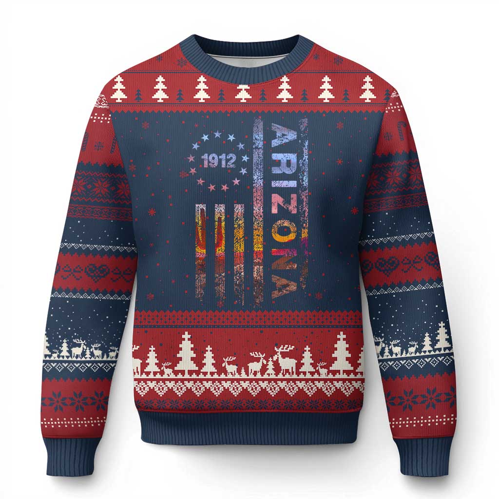 Arizona American Flag Pride Cactus Landscape Established 1912 Ugly Christmas Sweater TS14 Navy Red Print Your Wear