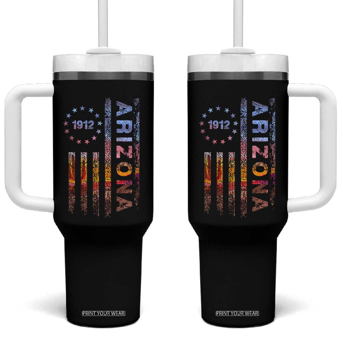 Arizona American Flag Pride Cactus Landscape Established 1912 Tumbler With Handle TS14 One Size: 40 oz Black Print Your Wear