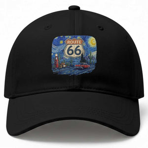 Route Highway 66 Road Sign Distressed Road Trip Starry Night Baseball Cap