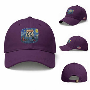 Route Highway 66 Road Sign Distressed Road Trip Starry Night Baseball Cap