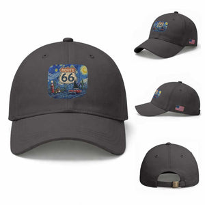 Route Highway 66 Road Sign Distressed Road Trip Starry Night Baseball Cap