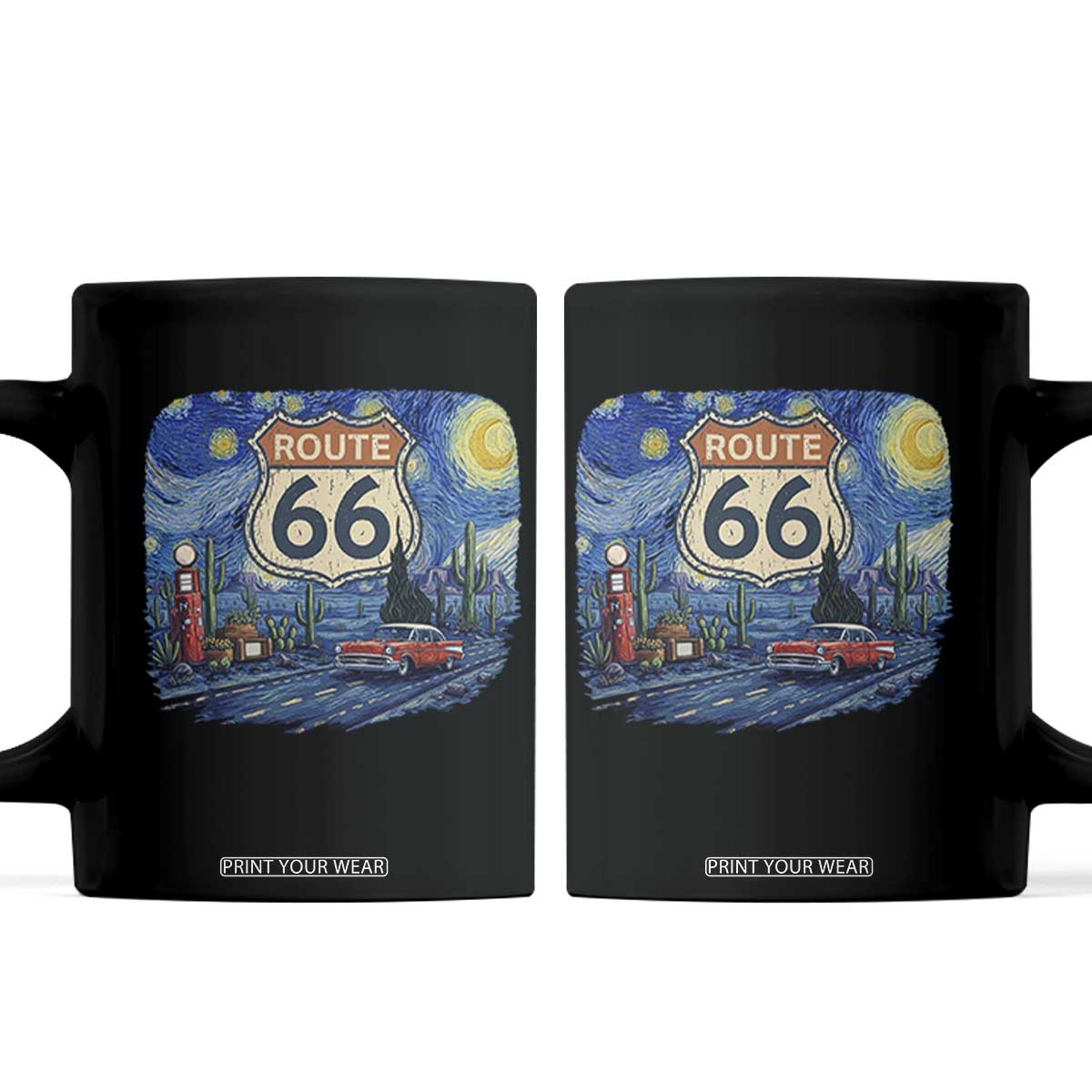 Route Highway 66 Road Sign Distressed Road Trip Starry Night Coffee Mug