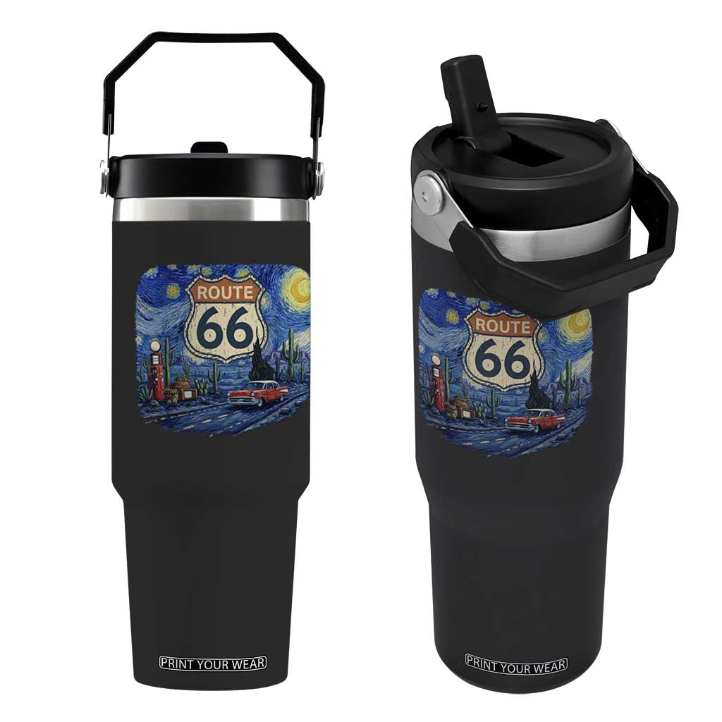 Route Highway 66 Road Sign Distressed Road Trip Starry Night Flip Straw Tumbler