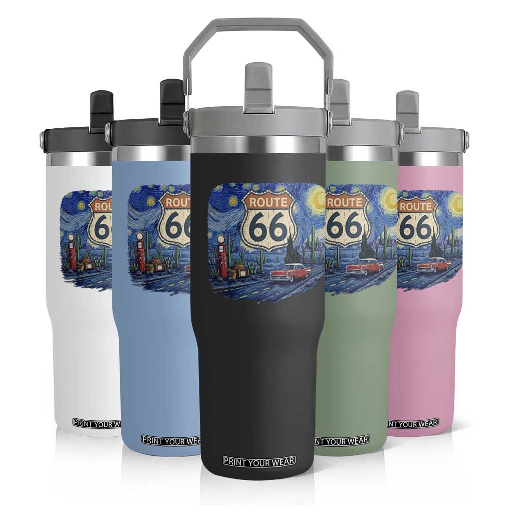 Route Highway 66 Road Sign Distressed Road Trip Starry Night Flip Straw Tumbler