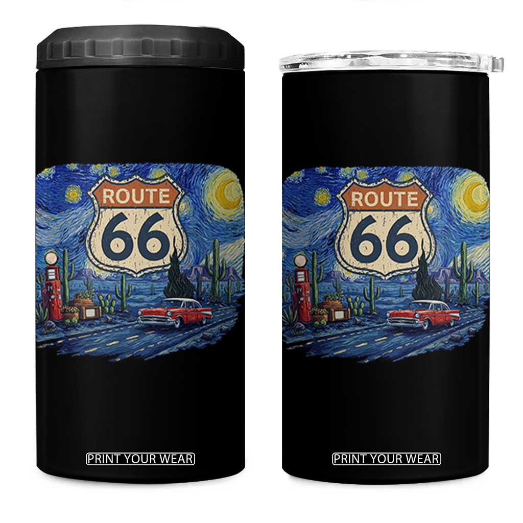 Route Highway 66 Road Sign Distressed Road Trip Starry Night 4 in 1 Can Cooler Tumbler