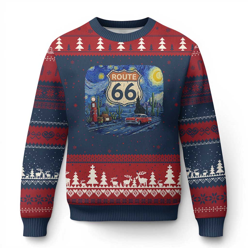 Route Highway 66 Road Sign Distressed Road Trip Starry Night Ugly Christmas Sweater TS14 Navy Red Print Your Wear