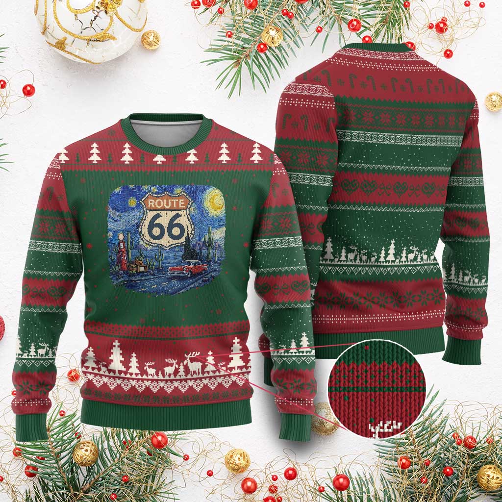 Route Highway 66 Road Sign Distressed Road Trip Starry Night Ugly Christmas Sweater