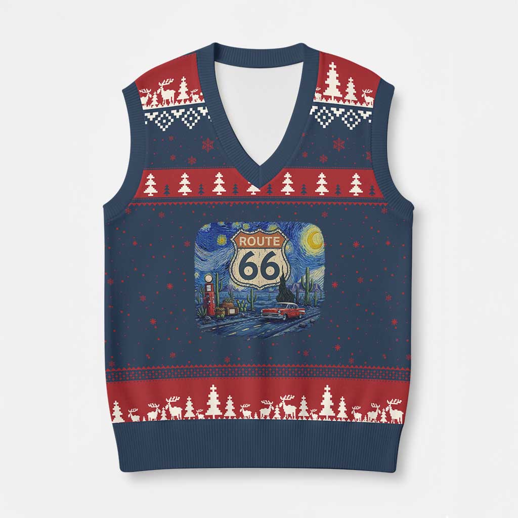 Route Highway 66 Road Sign Distressed Road Trip Starry Night V-Neck Knit Sweater Vest TS14 Navy Red Print Your Wear