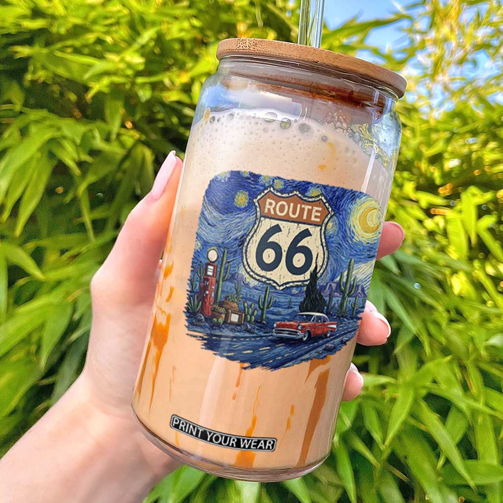 Route Highway 66 Road Sign Distressed Road Trip Starry Night Glass Can