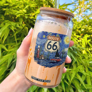 Route Highway 66 Road Sign Distressed Road Trip Starry Night Glass Can