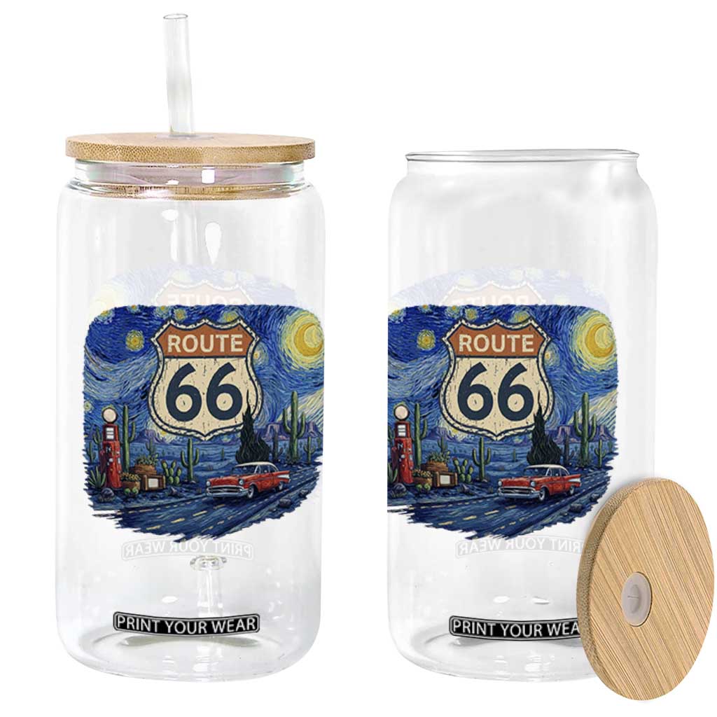 Route Highway 66 Road Sign Distressed Road Trip Starry Night Glass Can