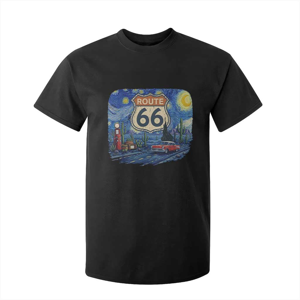 Route Highway 66 Road Sign Distressed Road Trip Starry Night T Shirt For Kid