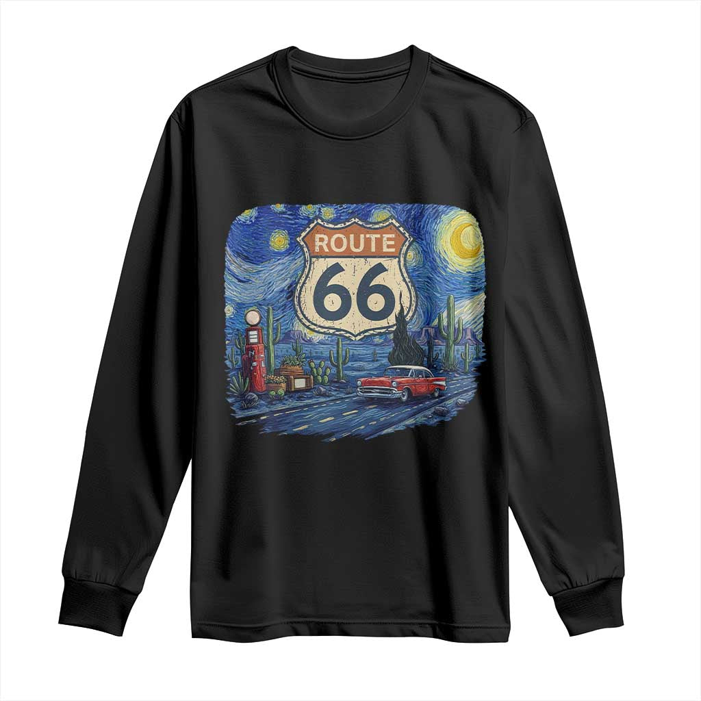 Route Highway 66 Road Sign Distressed Road Trip Starry Night Long Sleeve Shirt
