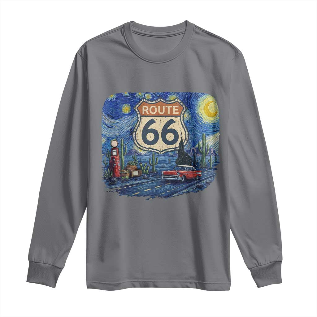 Route Highway 66 Road Sign Distressed Road Trip Starry Night Long Sleeve Shirt