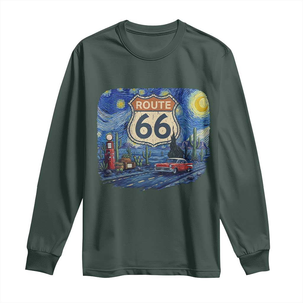 Route Highway 66 Road Sign Distressed Road Trip Starry Night Long Sleeve Shirt