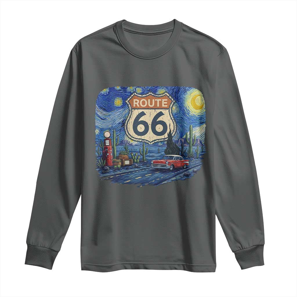 Route Highway 66 Road Sign Distressed Road Trip Starry Night Long Sleeve Shirt
