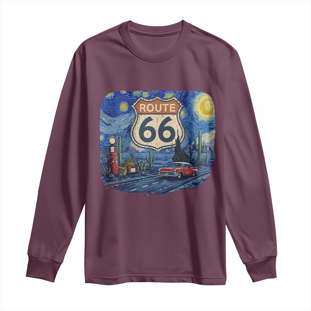 Route Highway 66 Road Sign Distressed Road Trip Starry Night Long Sleeve Shirt