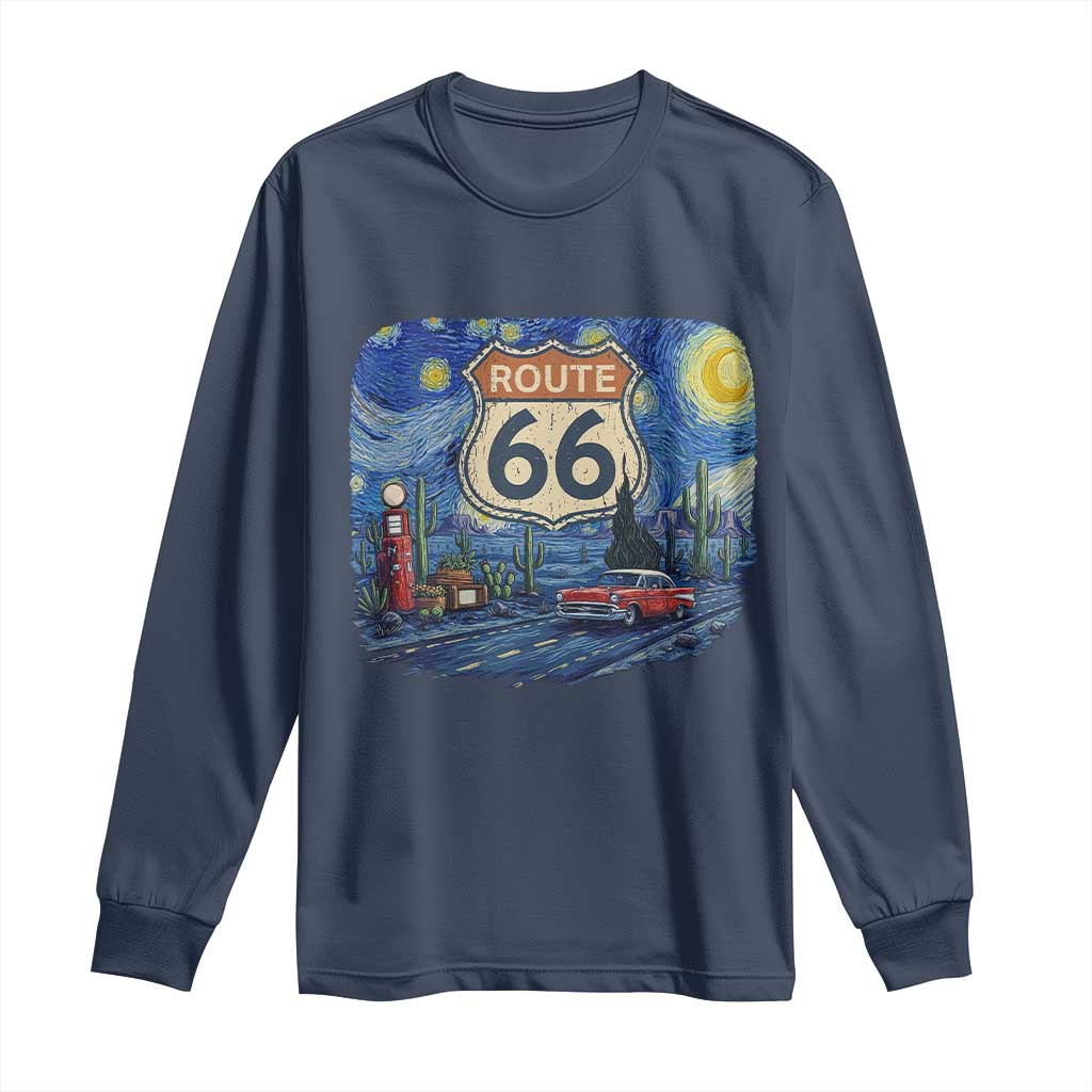 Route Highway 66 Road Sign Distressed Road Trip Starry Night Long Sleeve Shirt