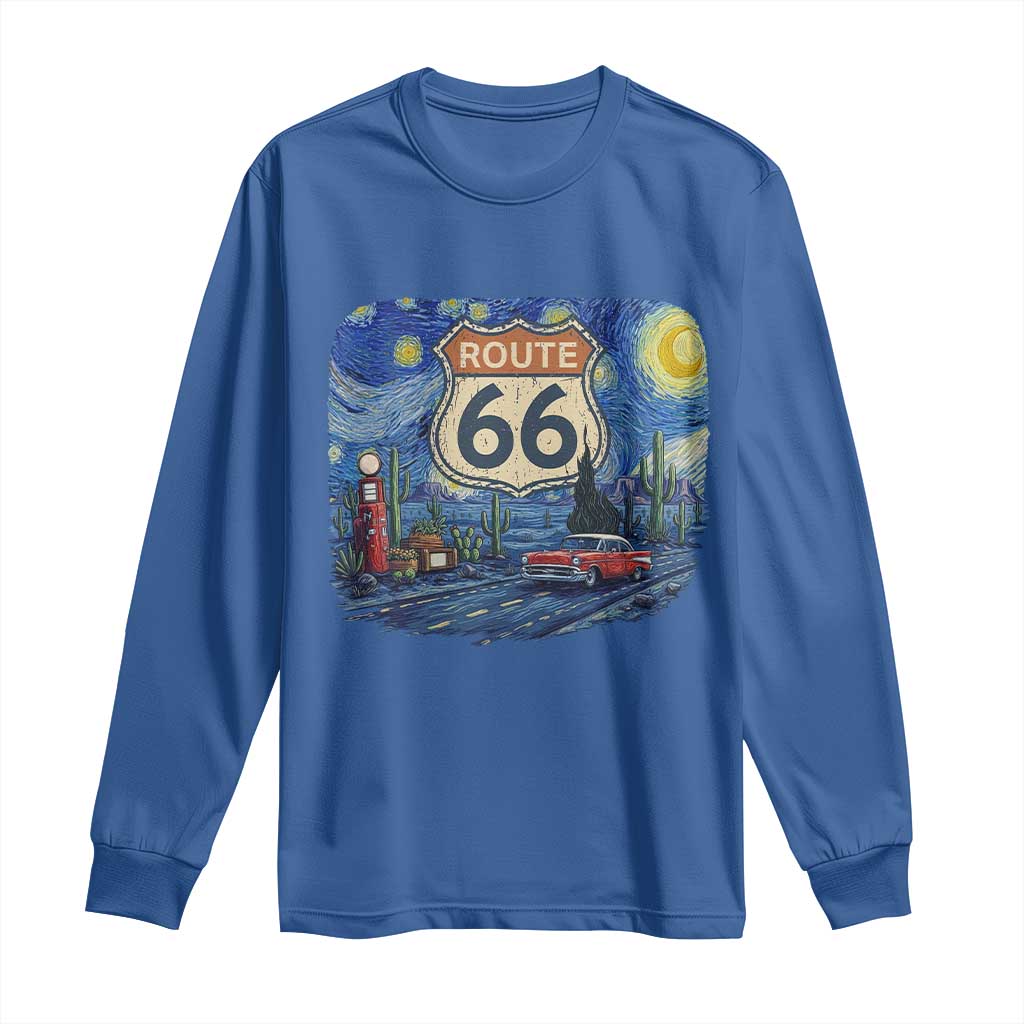 Route Highway 66 Road Sign Distressed Road Trip Starry Night Long Sleeve Shirt