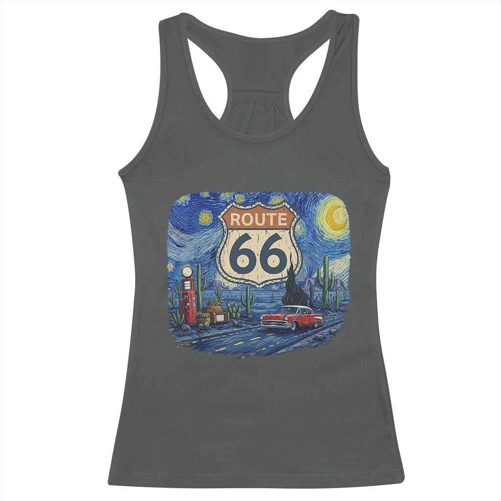 Route Highway 66 Road Sign Distressed Road Trip Starry Night Racerback Tank Top