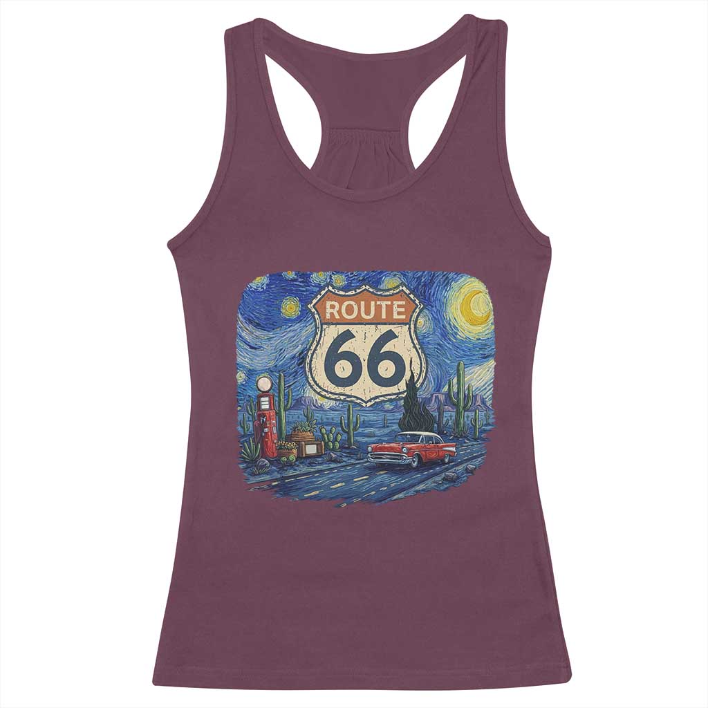 Route Highway 66 Road Sign Distressed Road Trip Starry Night Racerback Tank Top