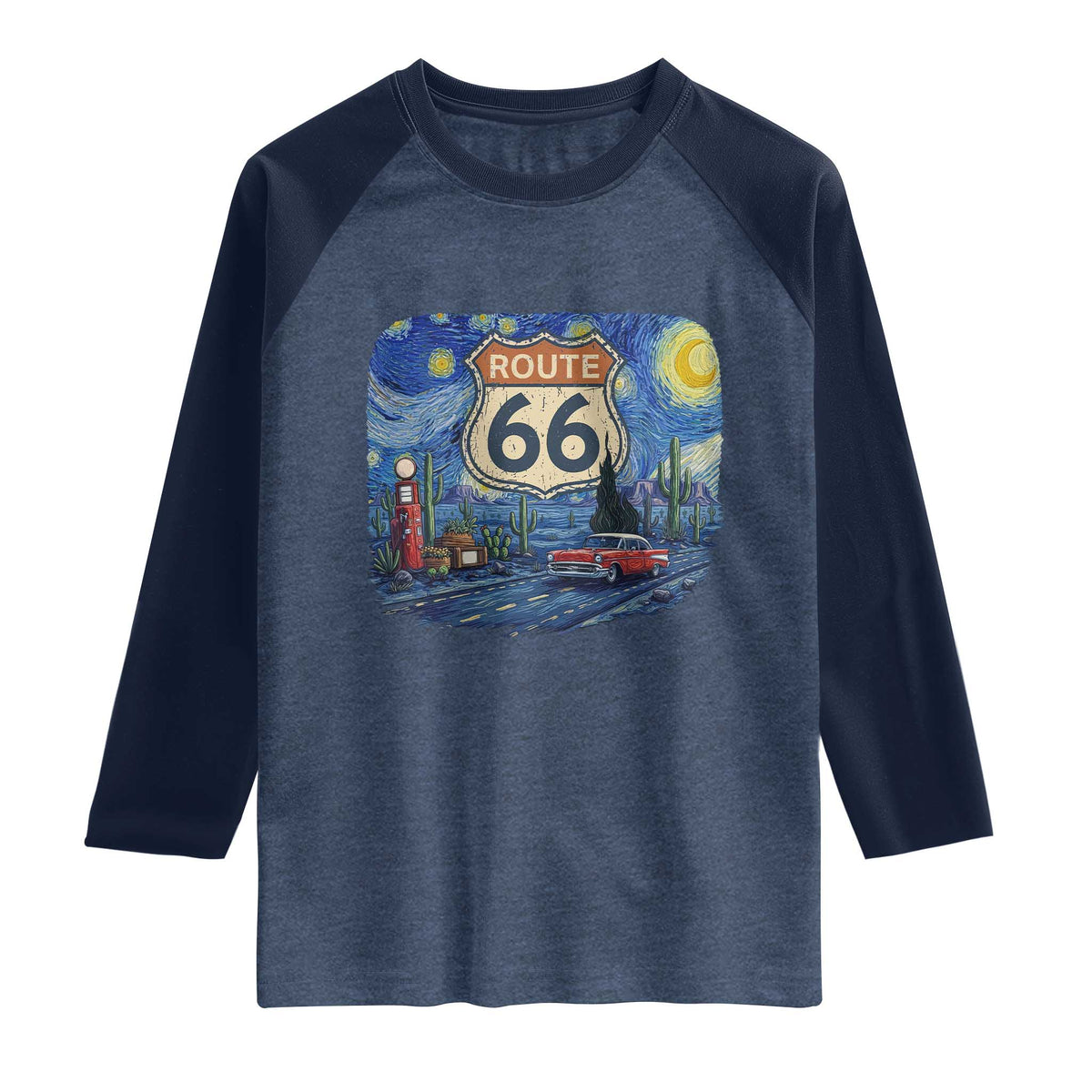 Route Highway 66 Road Sign Distressed Road Trip Starry Night Raglan Shirt