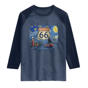 Route Highway 66 Road Sign Distressed Road Trip Starry Night Raglan Shirt