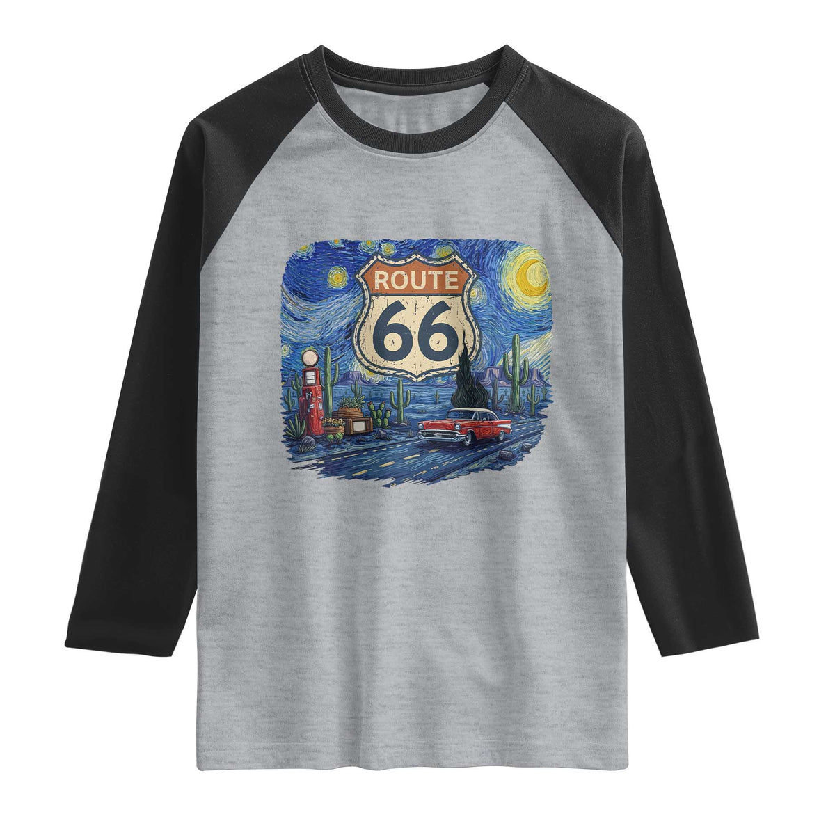Route Highway 66 Road Sign Distressed Road Trip Starry Night Raglan Shirt