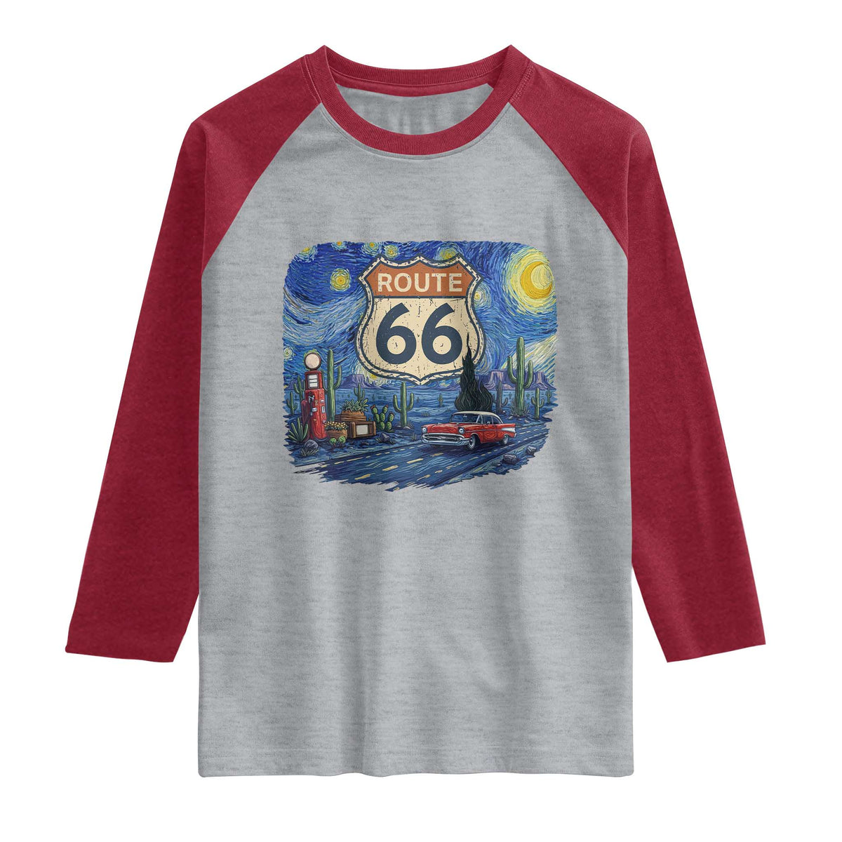 Route Highway 66 Road Sign Distressed Road Trip Starry Night Raglan Shirt