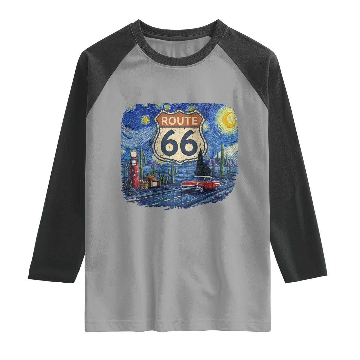 Route Highway 66 Road Sign Distressed Road Trip Starry Night Raglan Shirt