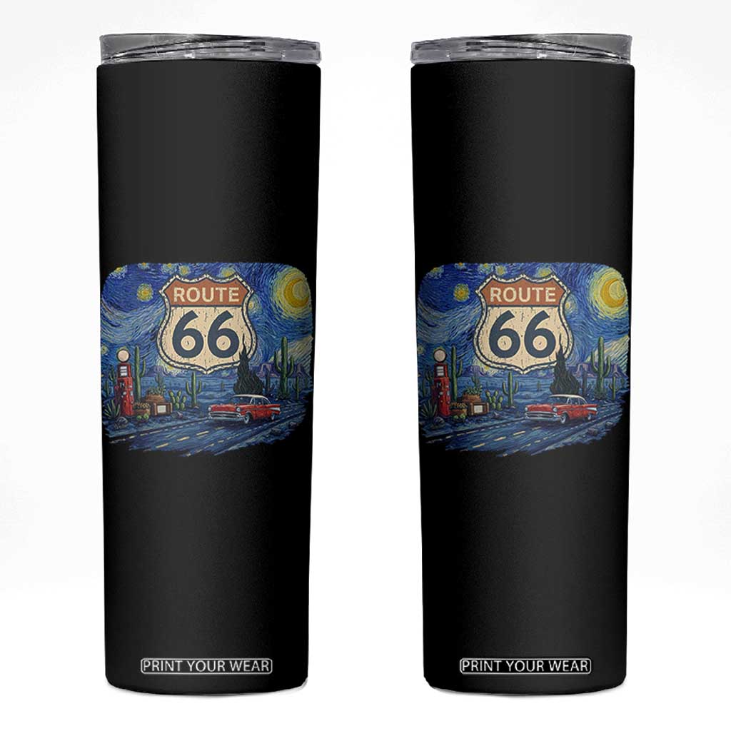 Route Highway 66 Road Sign Distressed Road Trip Starry Night Skinny Tumbler