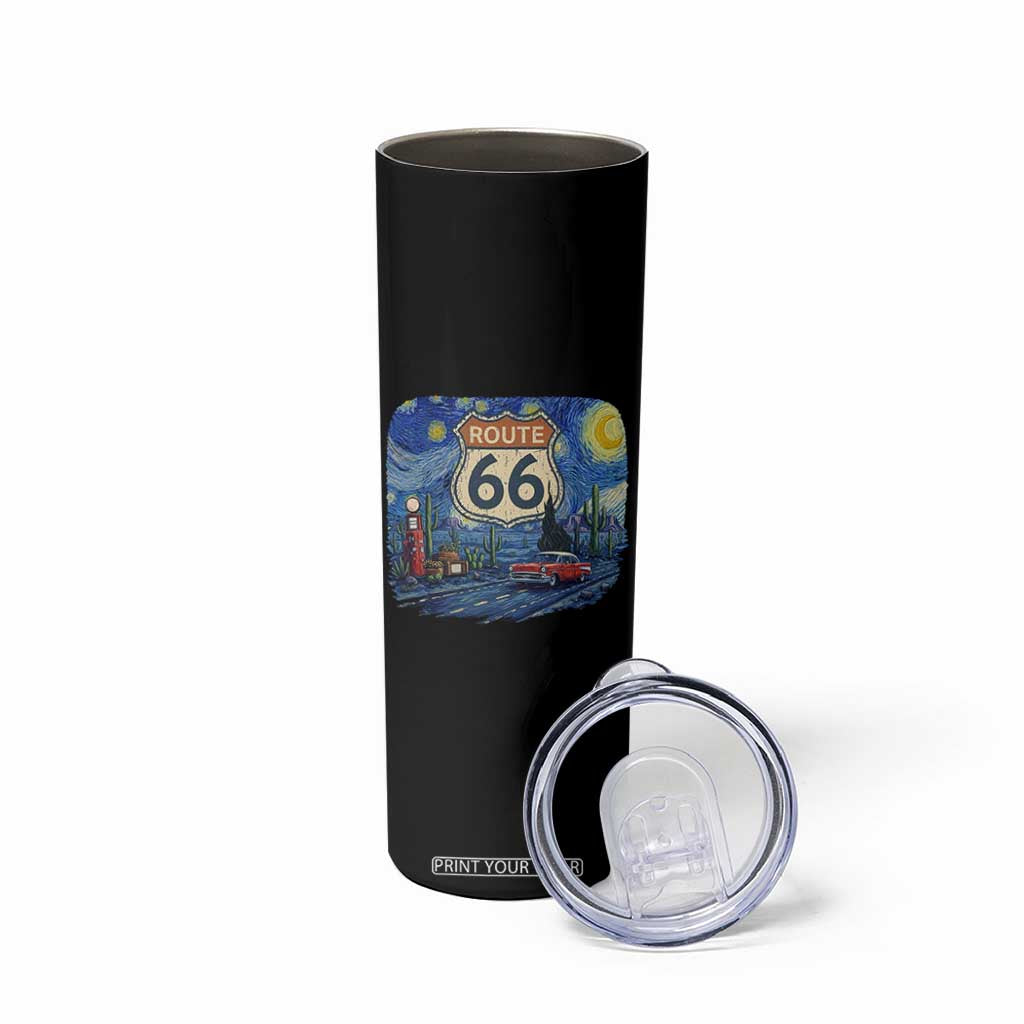 Route Highway 66 Road Sign Distressed Road Trip Starry Night Skinny Tumbler