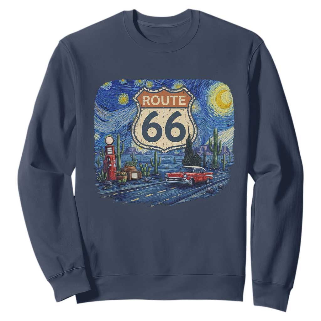 Route Highway 66 Road Sign Distressed Road Trip Starry Night Sweatshirt