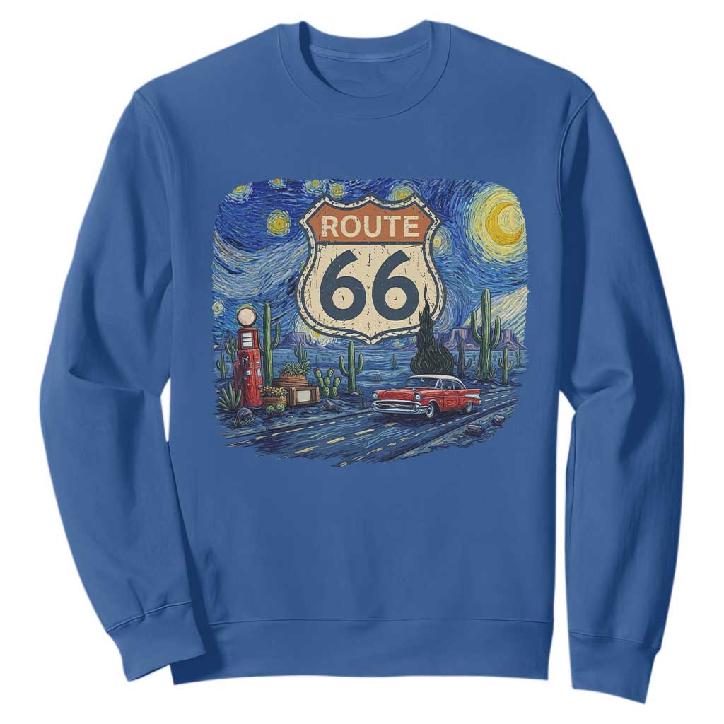 Route Highway 66 Road Sign Distressed Road Trip Starry Night Sweatshirt