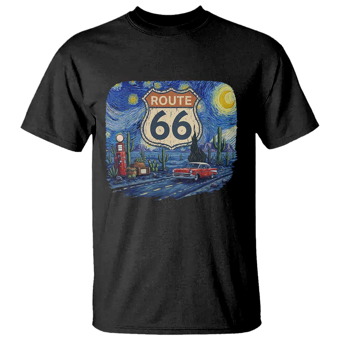 Route Highway 66 Road Sign Distressed Road Trip Starry Night T Shirt
