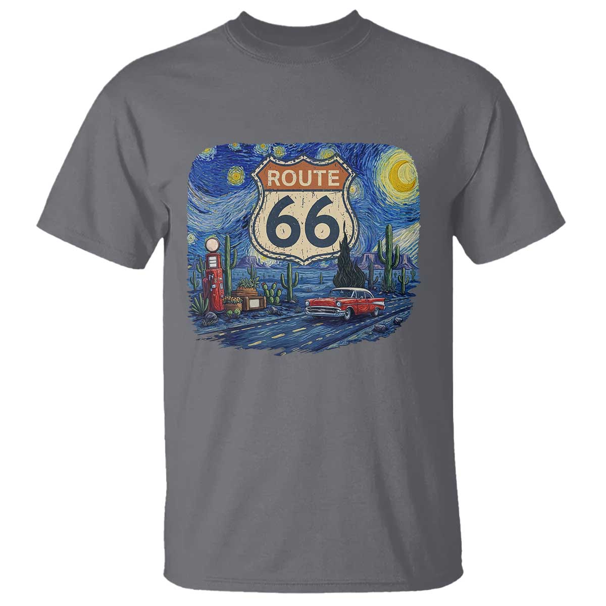 Route Highway 66 Road Sign Distressed Road Trip Starry Night T Shirt