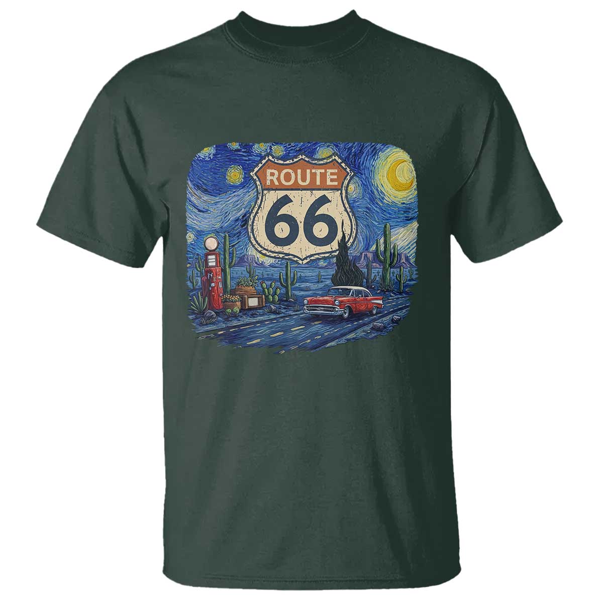 Route Highway 66 Road Sign Distressed Road Trip Starry Night T Shirt