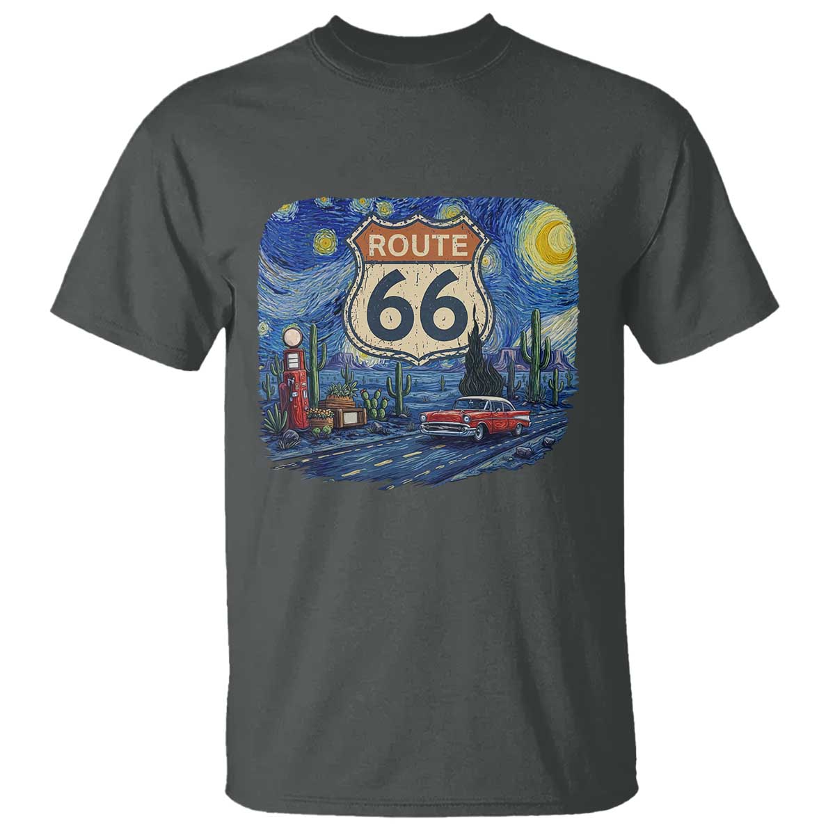 Route Highway 66 Road Sign Distressed Road Trip Starry Night T Shirt