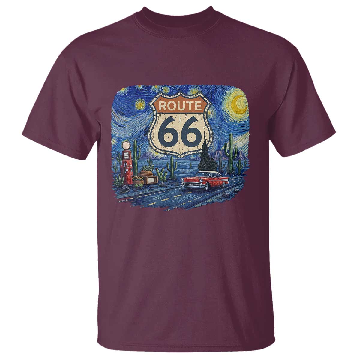 Route Highway 66 Road Sign Distressed Road Trip Starry Night T Shirt