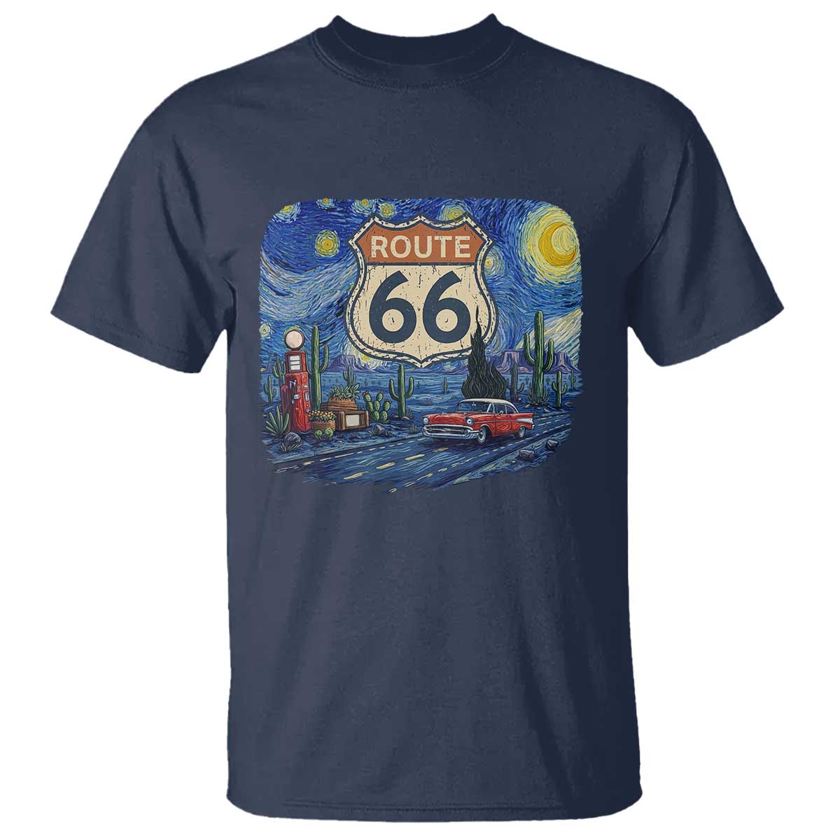 Route Highway 66 Road Sign Distressed Road Trip Starry Night T Shirt