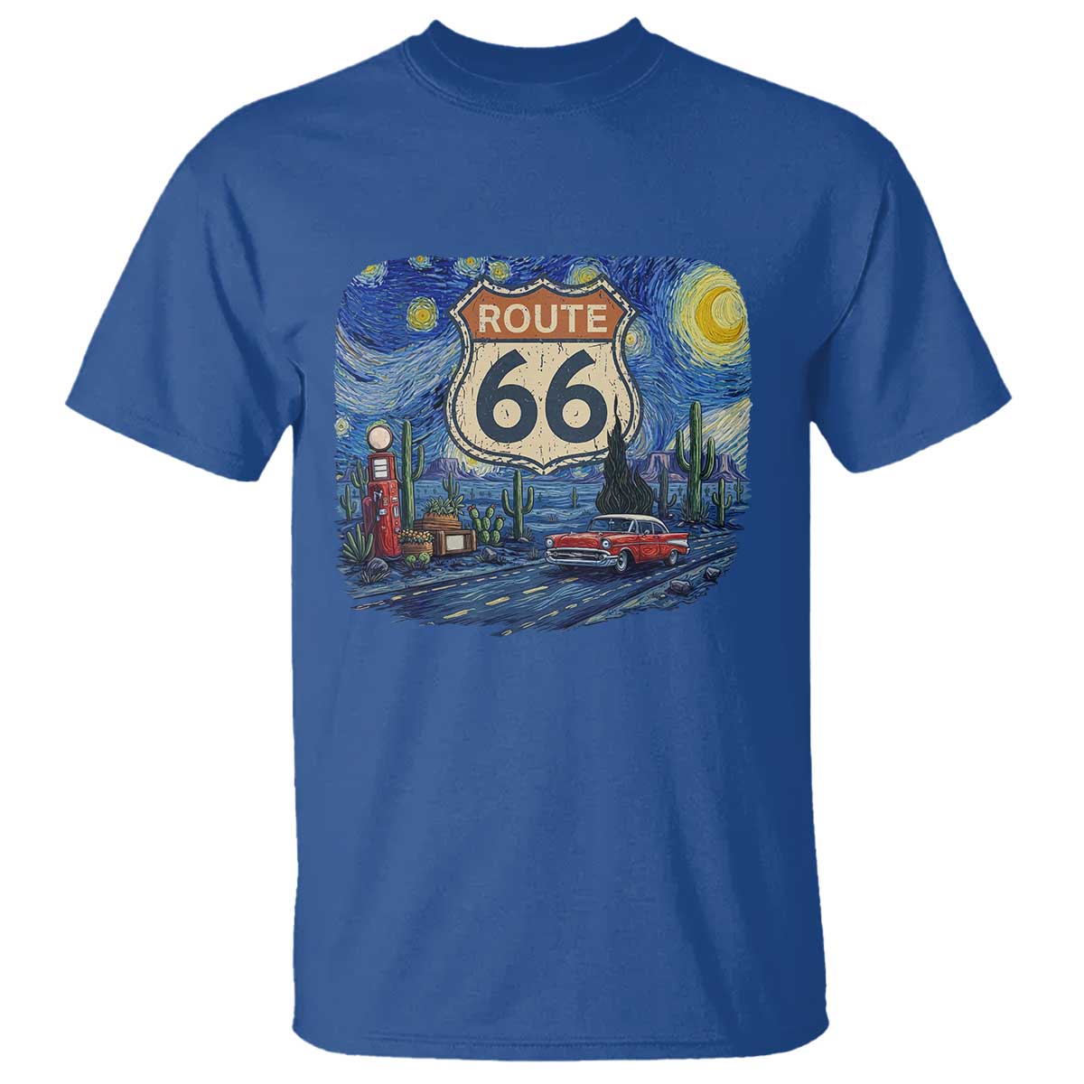 Route Highway 66 Road Sign Distressed Road Trip Starry Night T Shirt