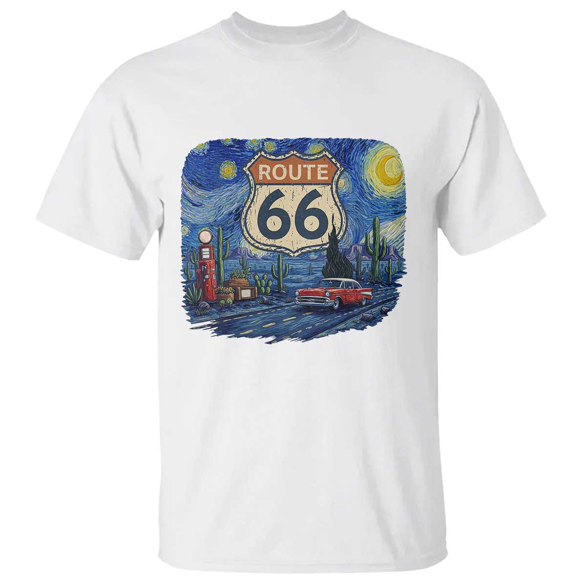 Route Highway 66 Road Sign Distressed Road Trip Starry Night T Shirt