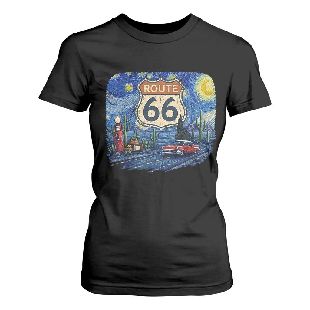 Route Highway 66 Road Sign Distressed Road Trip Starry Night T Shirt For Women