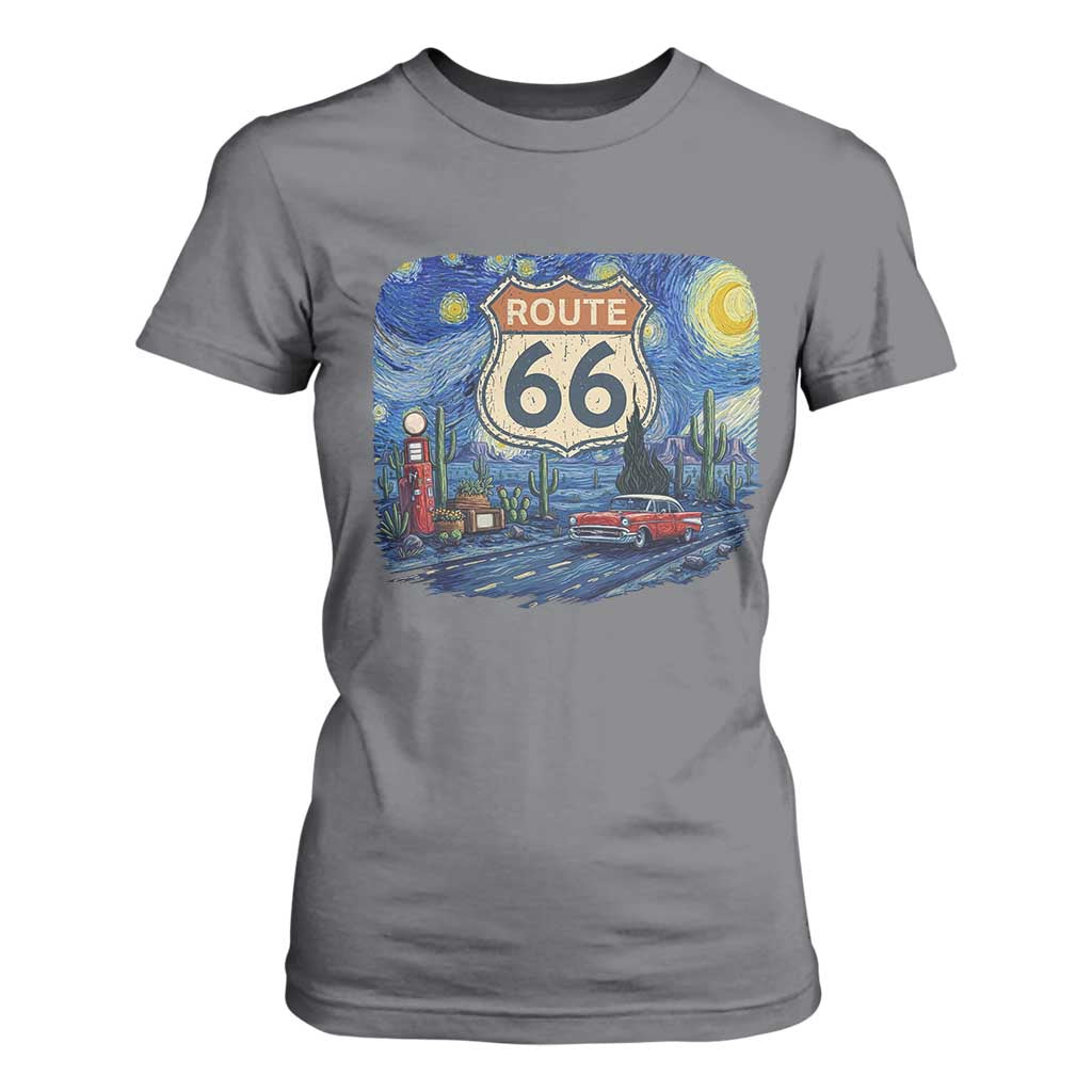 Route Highway 66 Road Sign Distressed Road Trip Starry Night T Shirt For Women
