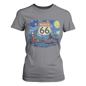 Route Highway 66 Road Sign Distressed Road Trip Starry Night T Shirt For Women